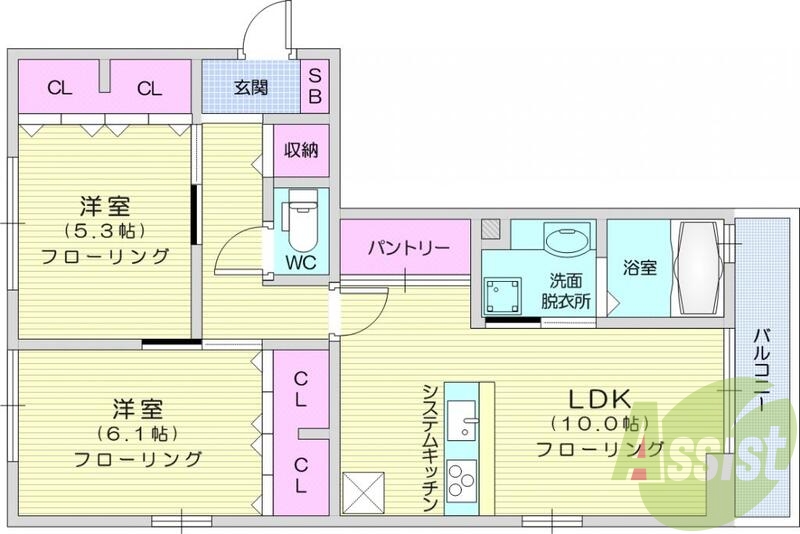2LDK、エアコン、角部屋、カウンターキッチン、バストイレ別