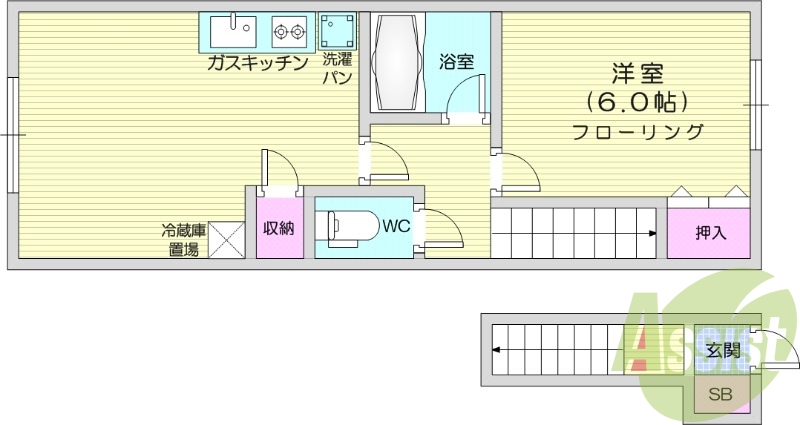 1LDK、バストイレ別、エアコン、室内洗濯機置き場