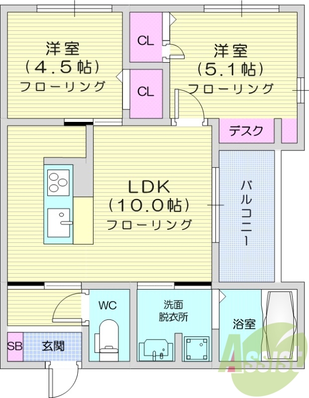 2LDK、エアコン全室、IH3口、ペット可