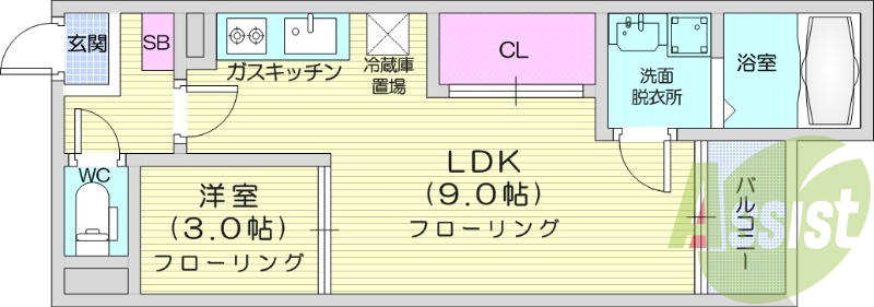 1LDK、浴室乾燥機、追い焚き、独立洗面台、オートロック