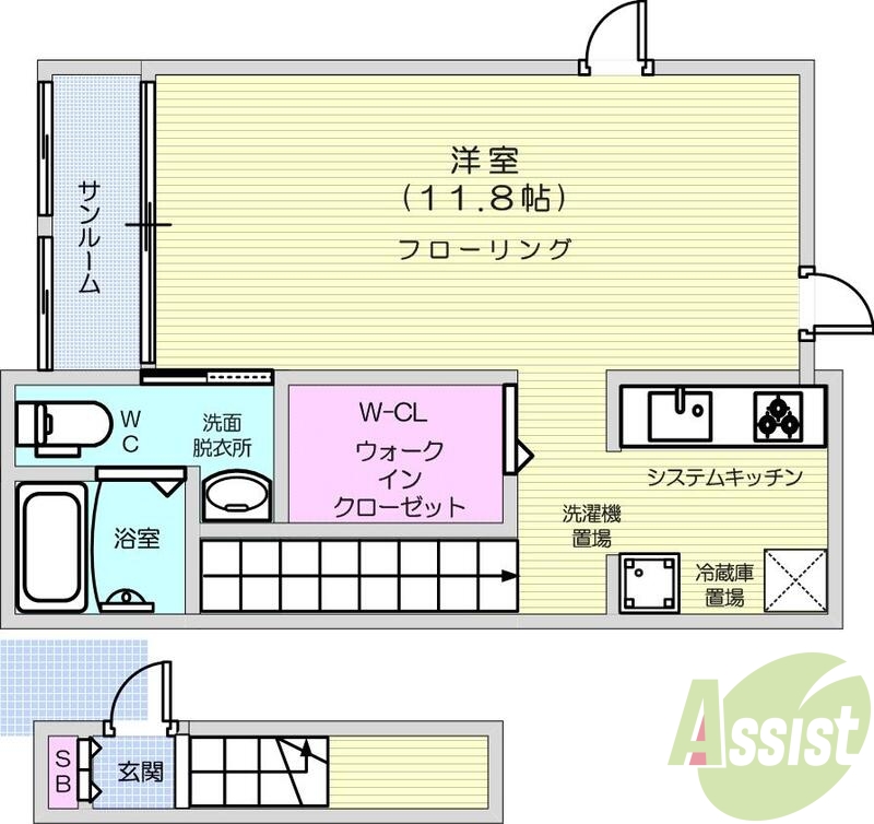 1R、ウォークインクローゼット、サンルーム、独立洗面