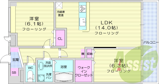2LDK、南向き、日当たり良好、バストイレ別、追い焚き機能有