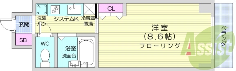 １K、駐輪場一台無料、室内洗濯機置場、バストイレ別