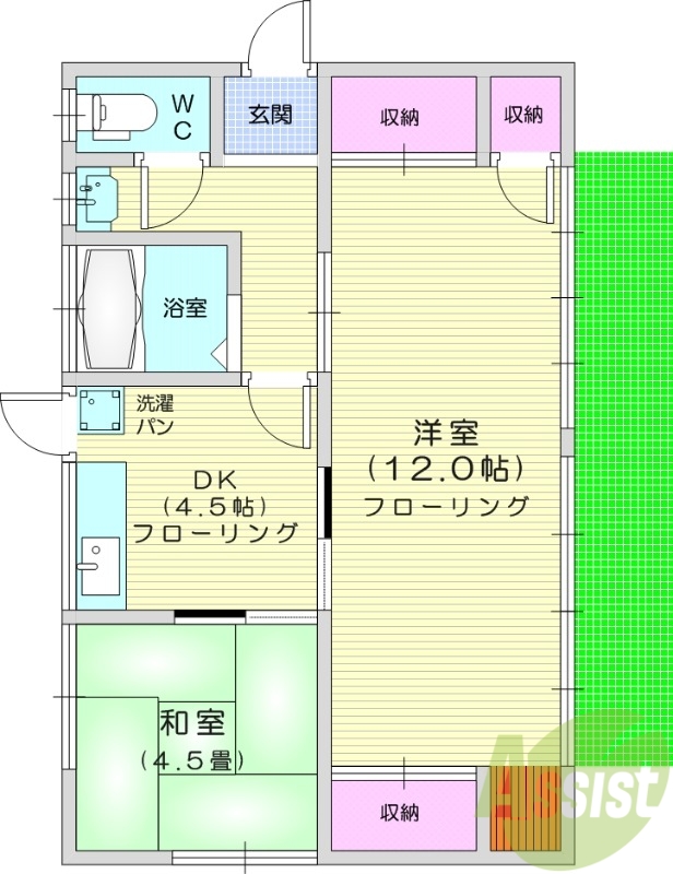 2DK、都市ガス、エアコン、追炊き機能、独立洗面台