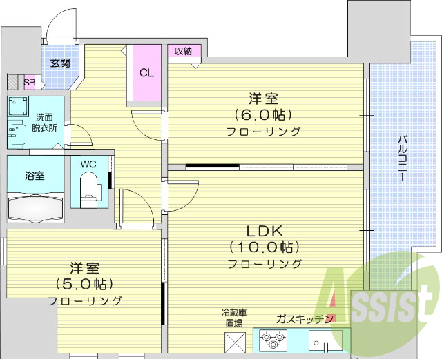 2LDK、バストイレ別、追い炊き機能、システムキッチン