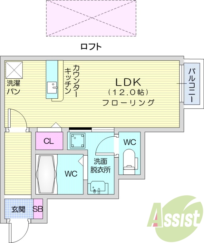 1R、クローゼット、浴室乾燥機、バルコニー