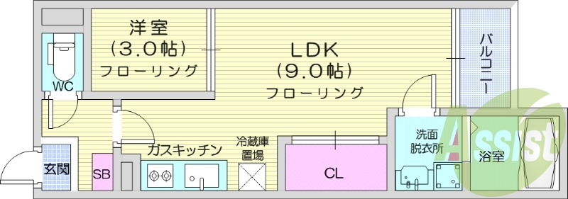 1LDK、追い焚き、浴室乾燥、ガスコンロ2口、宅配ボックス