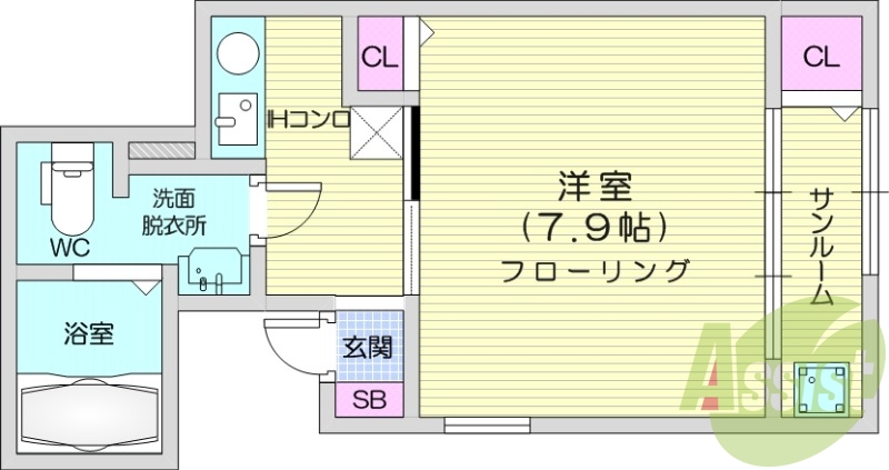1K、角部屋、サンルーム付、都市ガス、エアコン付き