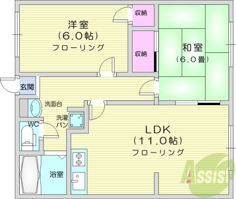 2LDK、バストイレ別、温水洗浄便座、洗面台