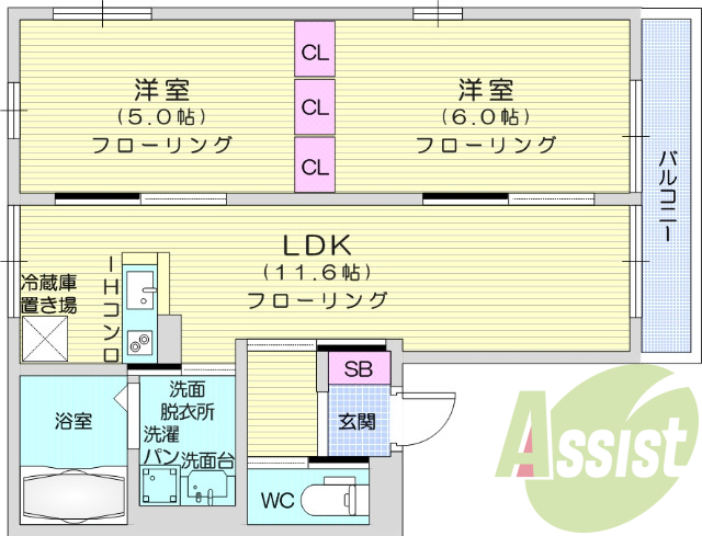 2LDK、角部屋、TVインターホン付、電子ロック