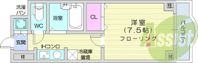 1K、インターネット無料、オートロック、風呂