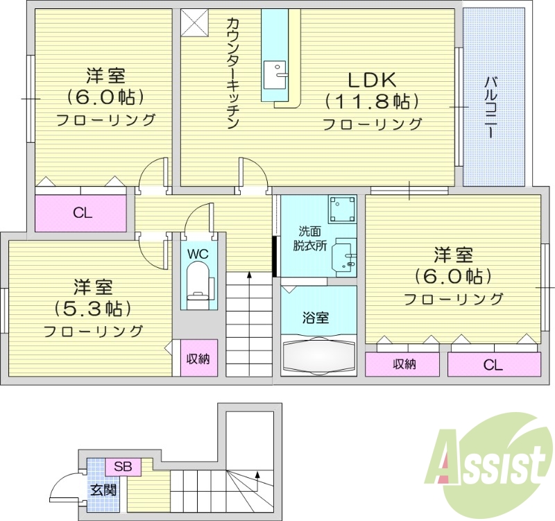 3LDK、エアコン2台、モニタ付インターホン