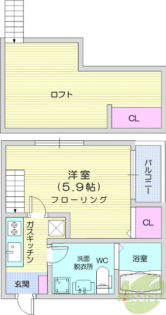 1R+ロフト、システムキッチン、独立洗面台