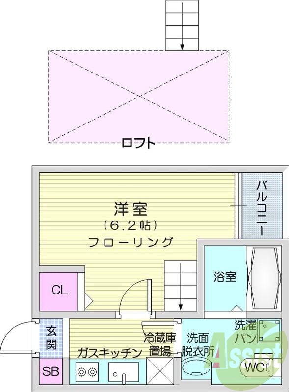 1K、バストイレ別、モニタ付きインターホン、温水洗浄便座