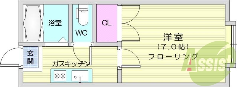 1K、ロフト付き、プロパンガス、フローリング、バストイレ別