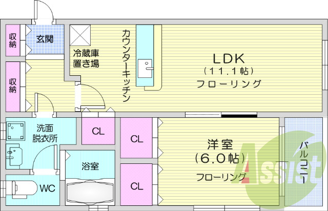 １LDK、エアコン、BS、下駄箱、インターホン