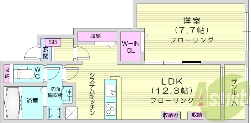 1LDK、インターネット無料、ウォークインクローゼット