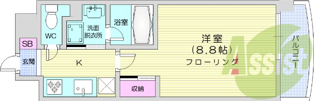 1K、フローリング、エアコン、浴室乾燥機