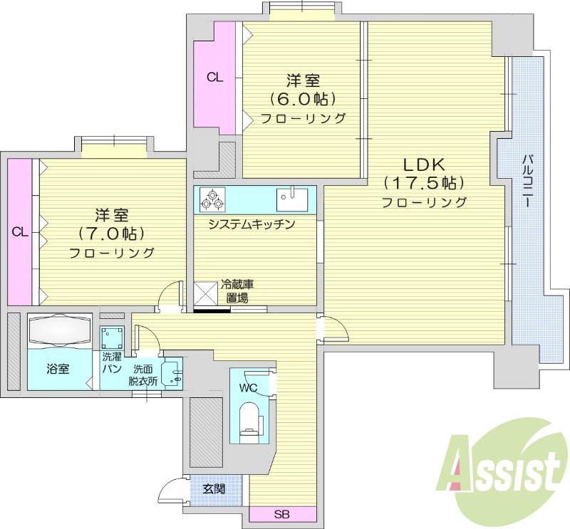2LDK、システムキッチン、エアコン、オートロック