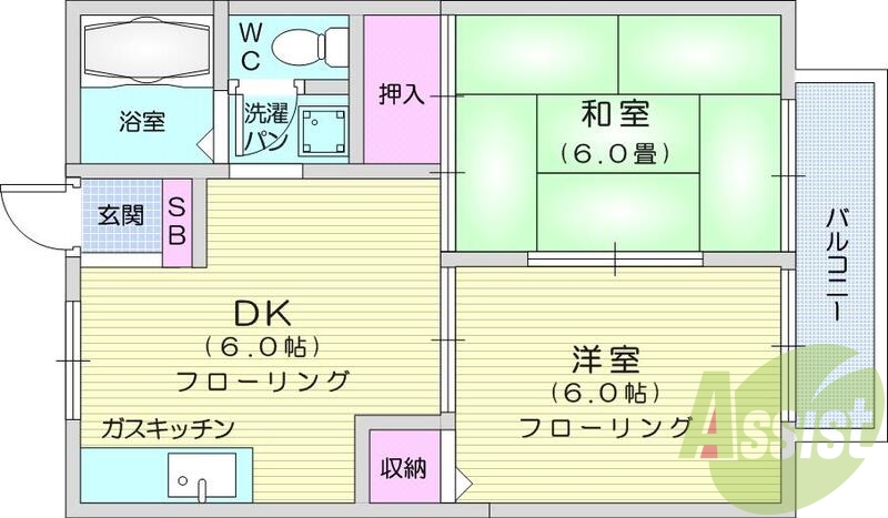 2DK、バストイレ別、収納スペース充実した環境です。
