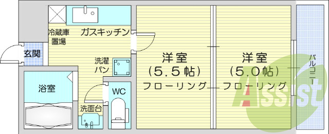 1K、水道定額、バス・トイレ別、南向き、エアコン