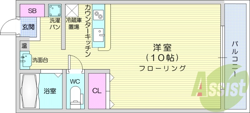 1R、オール電化、温水洗浄便座、エアコン、バルコニー