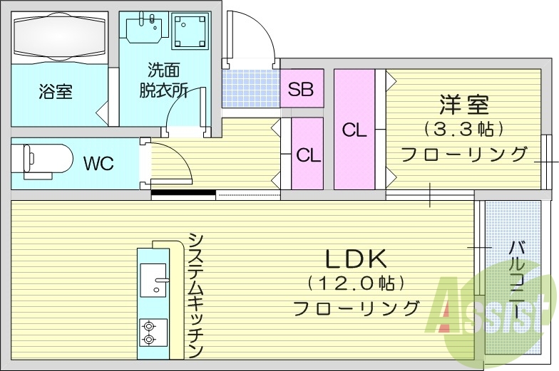 １LDK、エアコン、独立洗面台、カウンターキッチン