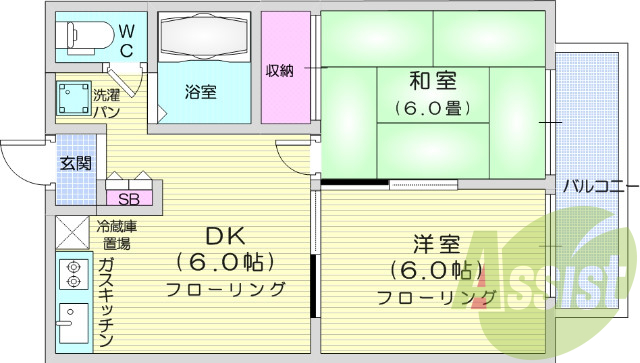2DK、エアコン、バストイレ別、室内洗濯機置き場