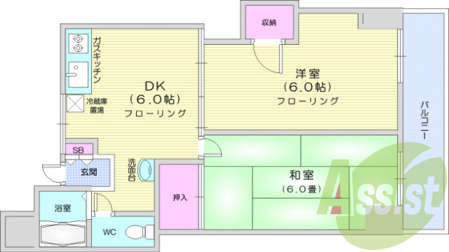 2DK、追い焚き機能、洗面台、プロパンガス、エアコン