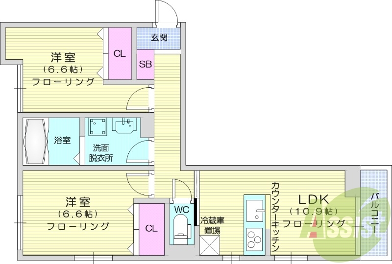 2LDK、トランクルーム、B・T別、システムキッチン