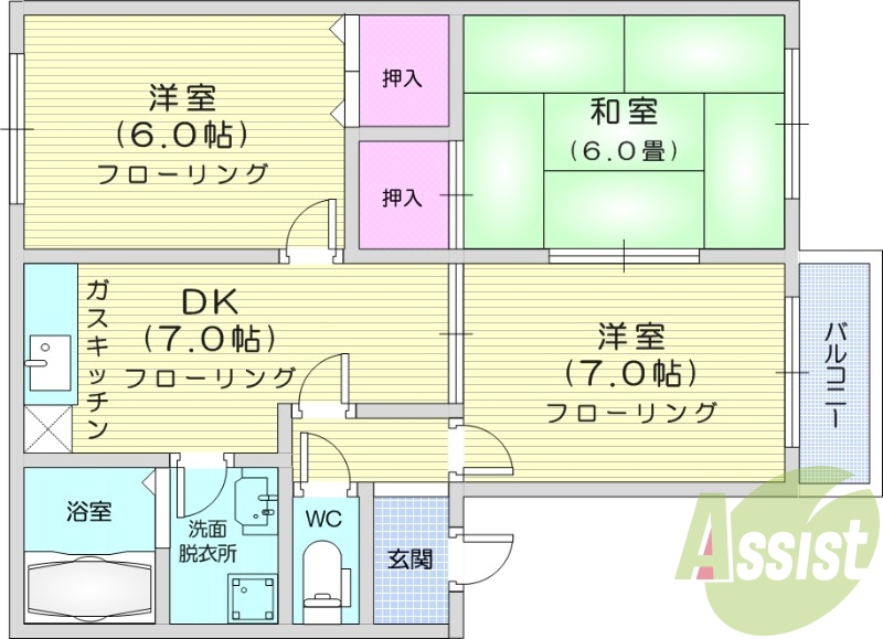 3DK、バストイレ別、バルコニー付き、駐輪場有