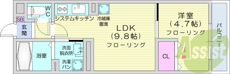 1LDK、IHコンロ2口、都市ガス、オートロック、床下収納