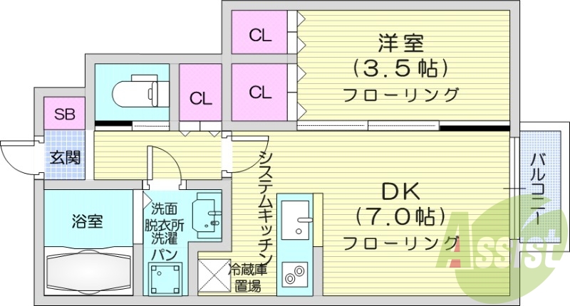 1DK、フローリング、カウンターキッチン
