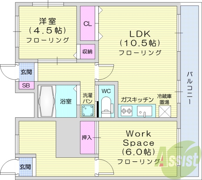 1SLDK、追い焚き、グリル付きガスコンロ
