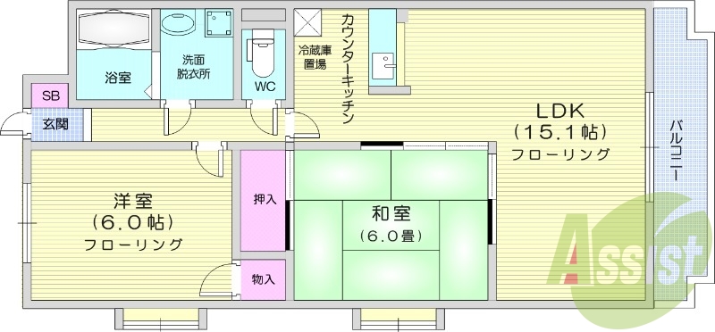 2LDK、バストイレ別、追焚機能、温水洗浄便座、独立洗面台