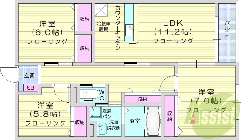 3LDK、都市ガス、追い焚き、浴室乾燥、独立洗面台、エアコン