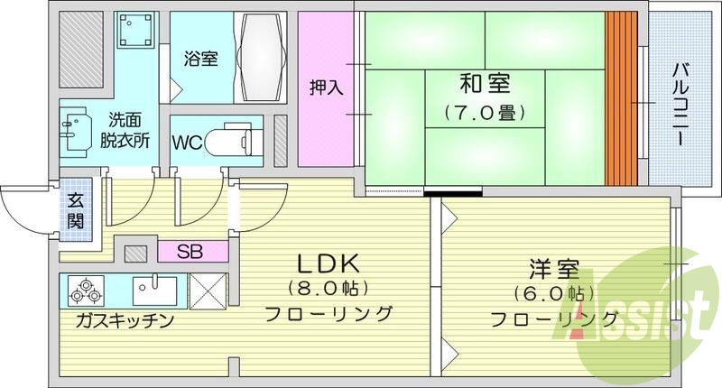 3K、エアコン、バストイレ別、オートロック、バルコニー