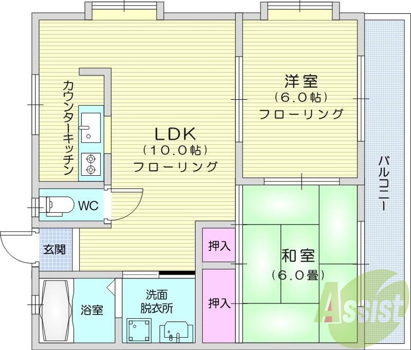 2LDK、BSアンテナ、エアコン、モニター付きインターホン