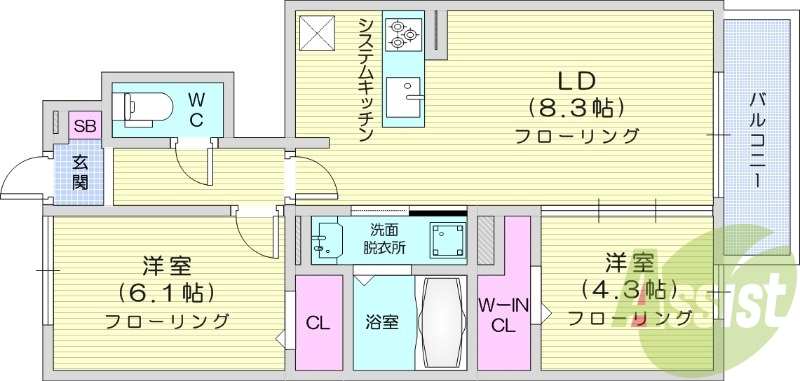 2LDK 独立洗面台 対面キッチン インターネット無料