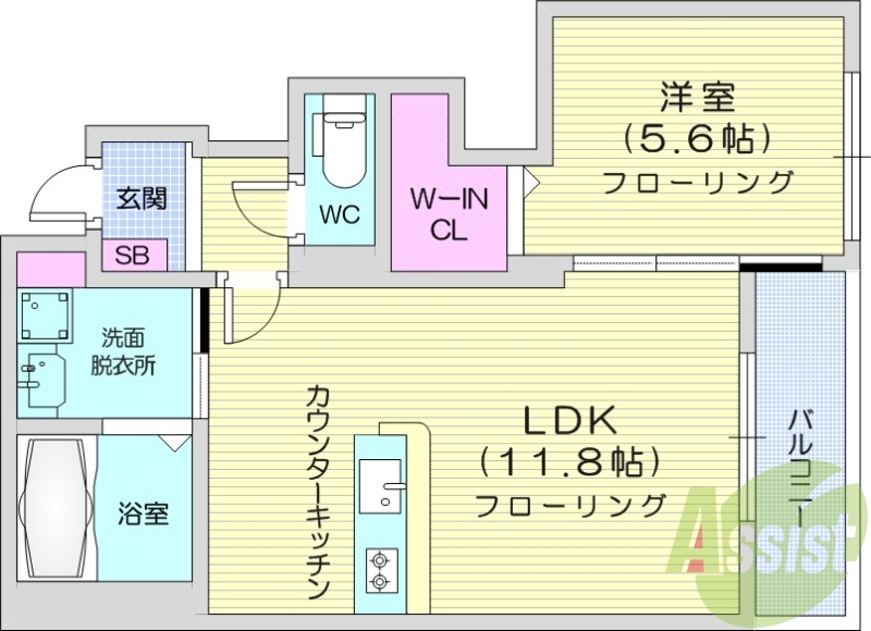 １LDK、システムキッチン、浴室乾燥機、独立洗面台