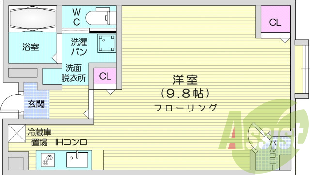 1R、IHコンロ、都市ガス、モニタ付きインターホン、エアコン
