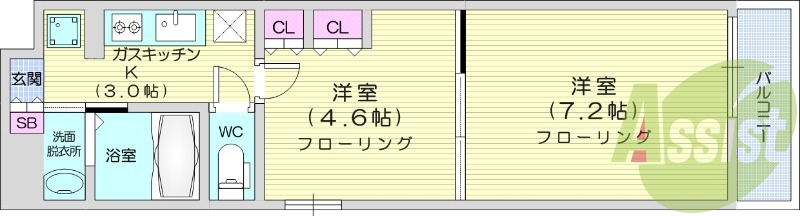 2K、角部屋、都市ガス、独立洗面台、オートロック