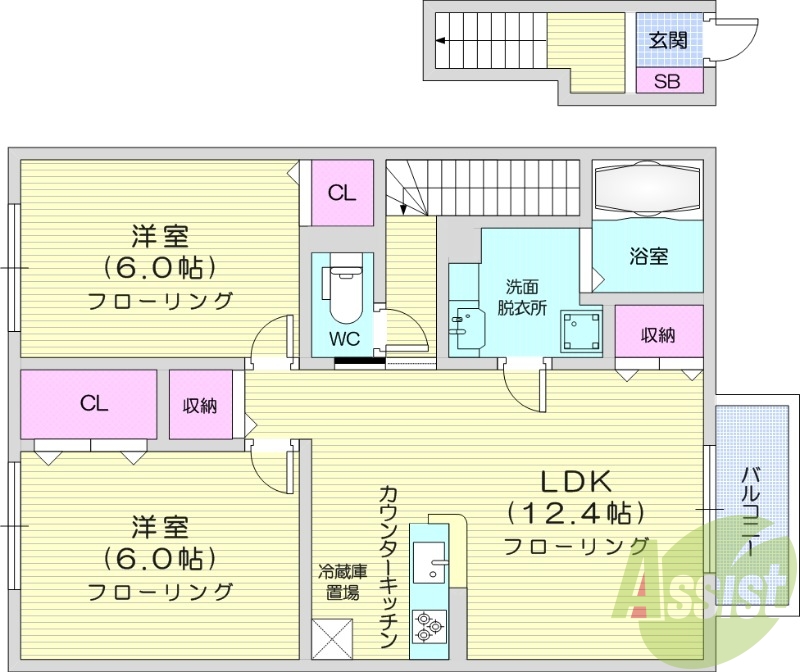 2LDK、インターネット無料、システムキッチン