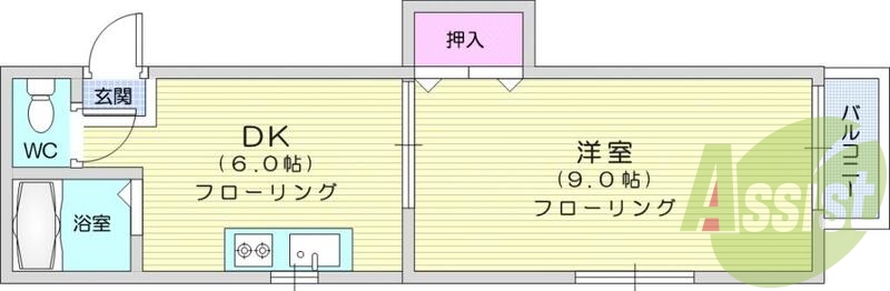 1DK,エアコン、室内洗濯機置場、クローゼット、トイレ浴室別