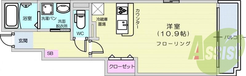 1K、バス・トイレ別、カウンターキッチン、バルコニー