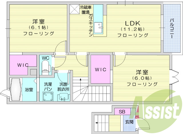 2LDK、フローリング、サンルーム、パントリー