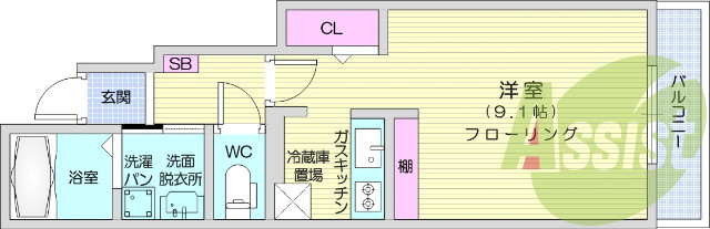 1K、システムキッチン、インターネット無料