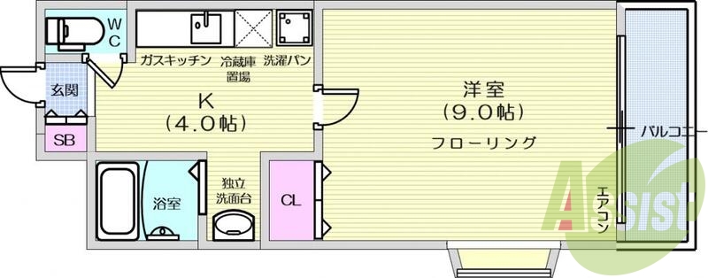 1K、エアコン、室内洗濯機置場、トイレ浴室別、クローゼット