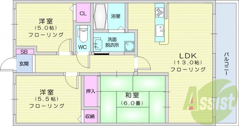 3LDK、バストイレ別、防犯カメラ、エレベーター、追炊機能