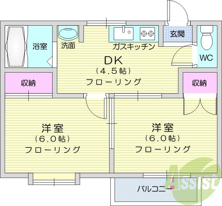 2k、バス、トイレ別、エアコン、洗髪洗面化粧台